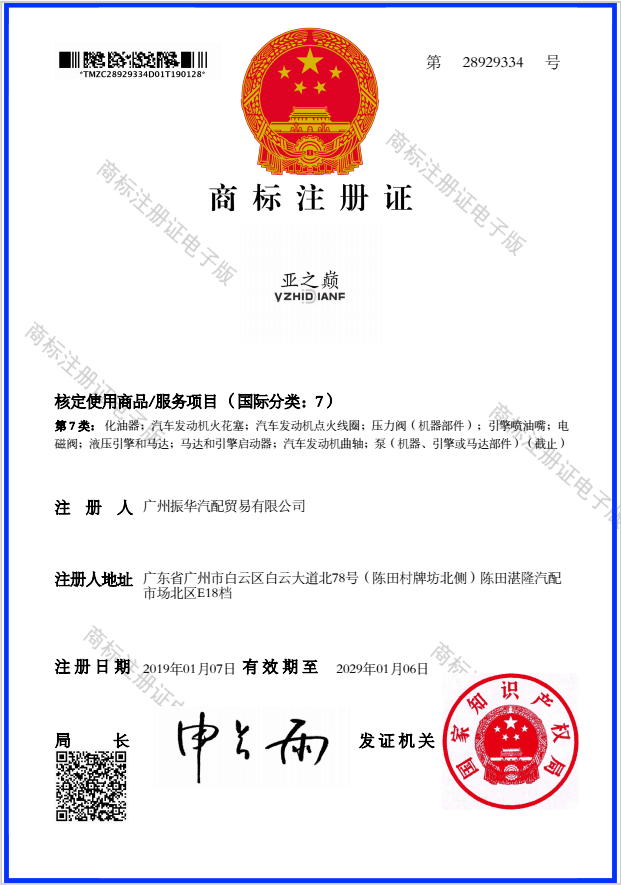 Trademark registration certificate for engine parts