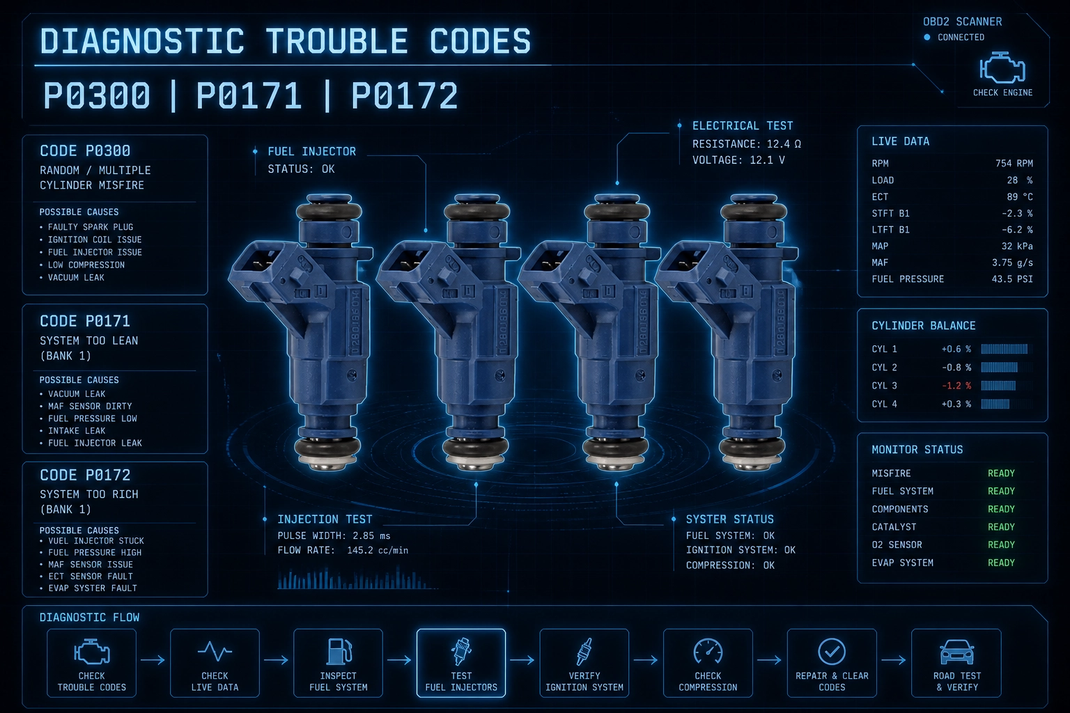 OBD2 scanner trouble codes P0300, P0171, and P0172 indicating a bad fuel injector