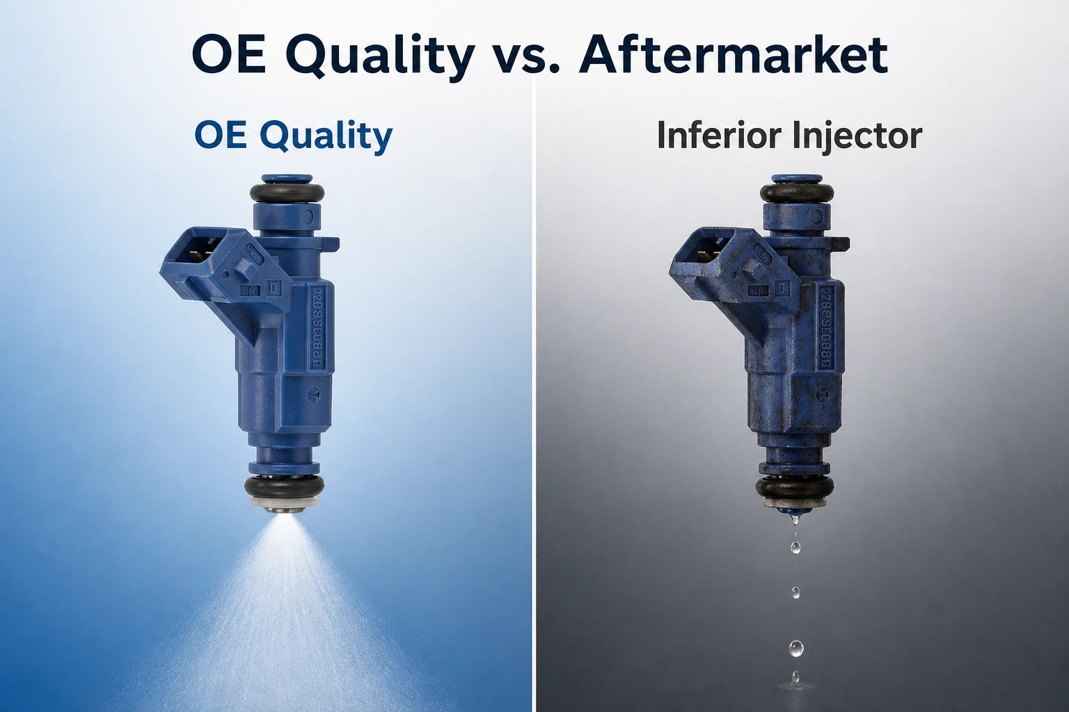 Side-by-side comparison of an OE quality fuel injector precision spray versus a cheap aftermarket leaking injector